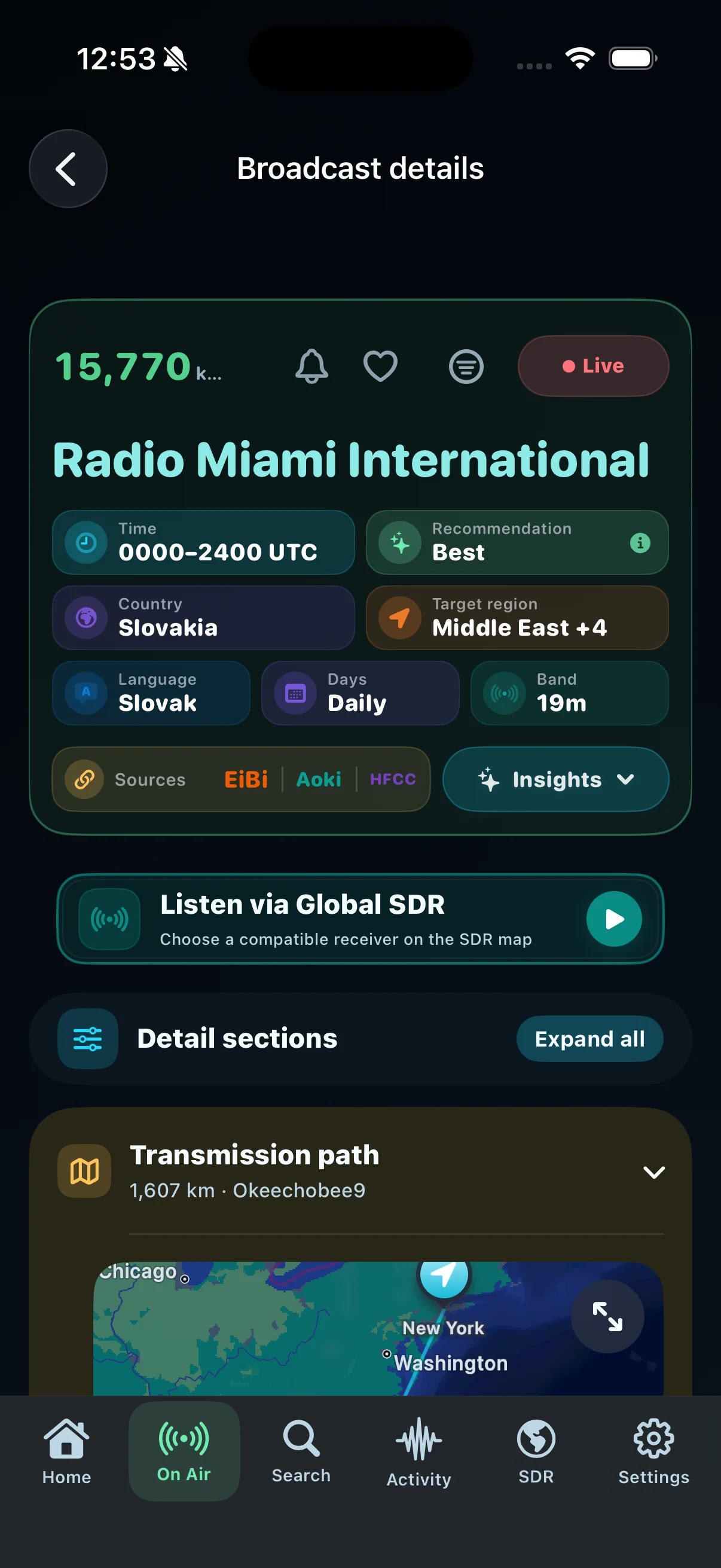 Real DXLens Broadcast details screen