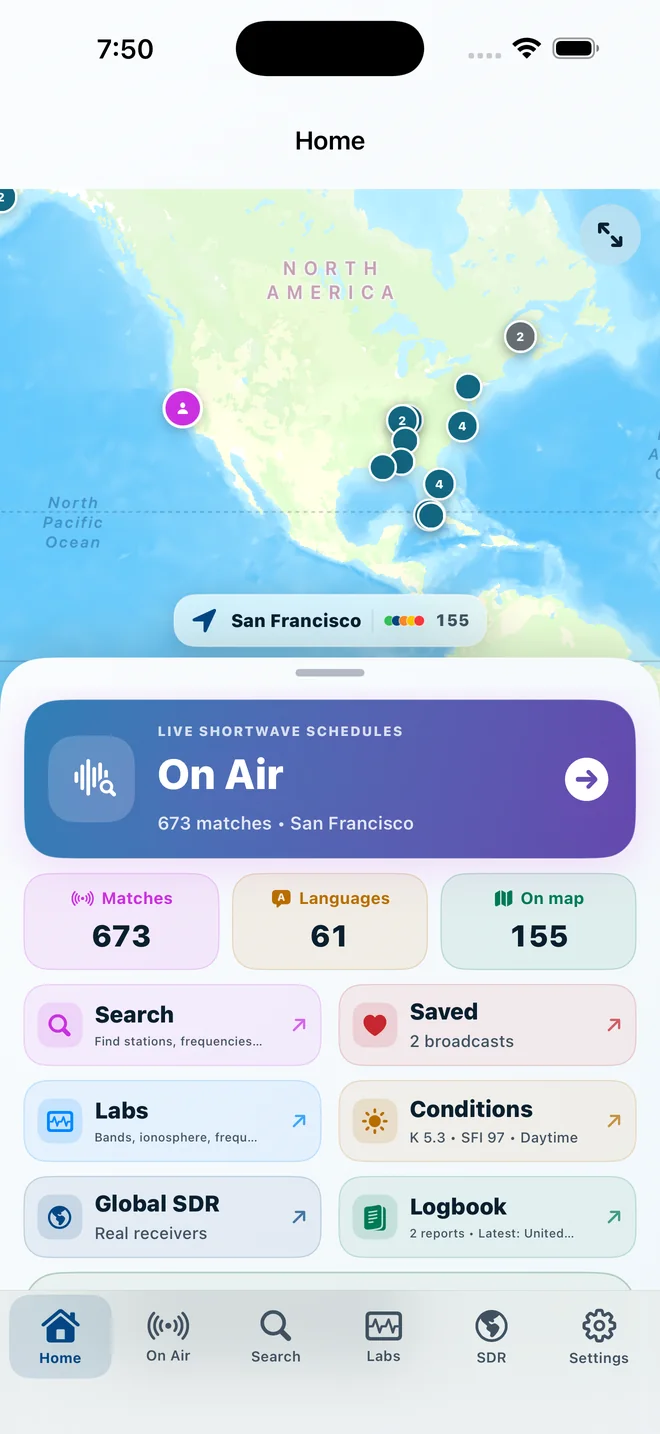 DXLens home map and listening dashboard